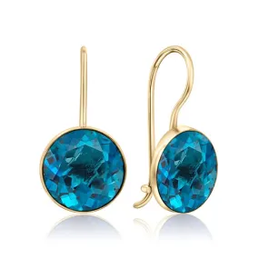 14K Yellow Gold Round Blue Cubic Zirconia 8mm Dangle Earrings