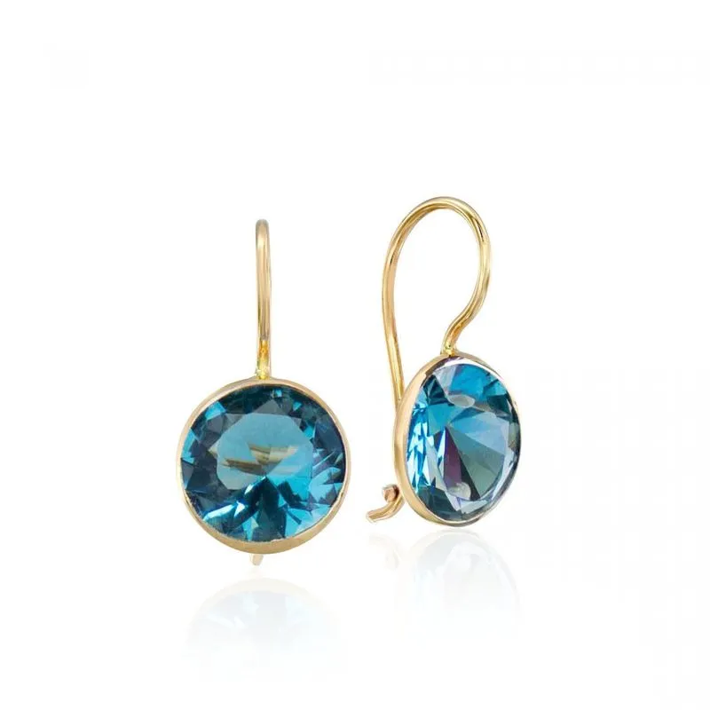 14K Yellow Gold Round Blue Cubic Zirconia 8mm Dangle Earrings