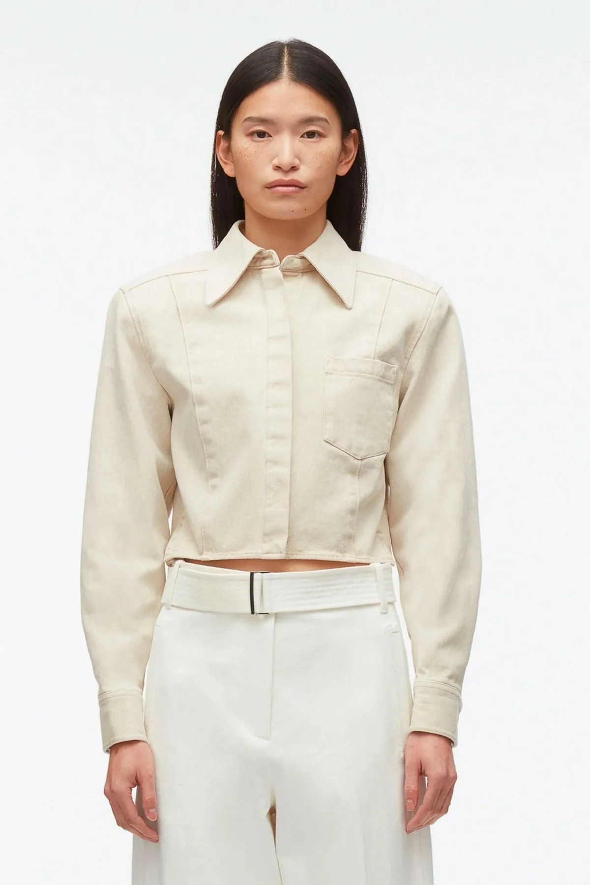 3.1 Phillip Lim Denim Cropped Shirt with Shoulder Pads - Ecru