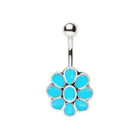 316L Stainless Steel Teal Blue Flower Navel Ring