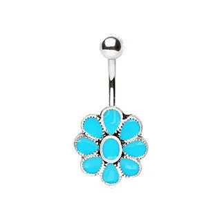 316L Stainless Steel Teal Blue Flower Navel Ring