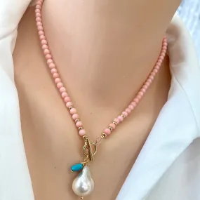 Angel Skin Pink Coral Toggle Necklace with Freshwater Baroque Pearl Pendant & Turquoise Charm, Gold Plated, 17in