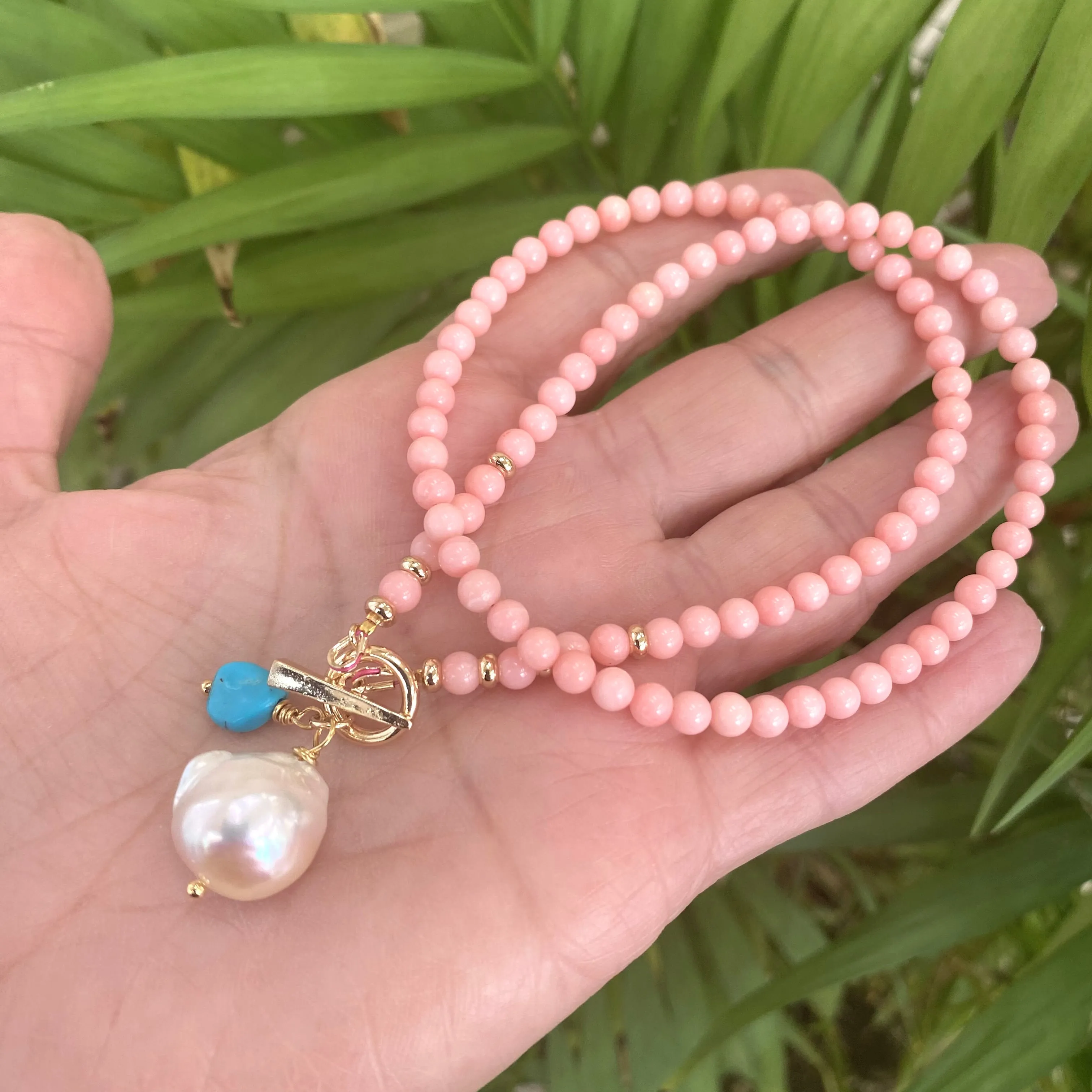 Angel Skin Pink Coral Toggle Necklace with Freshwater Baroque Pearl Pendant & Turquoise Charm, Gold Plated, 17in