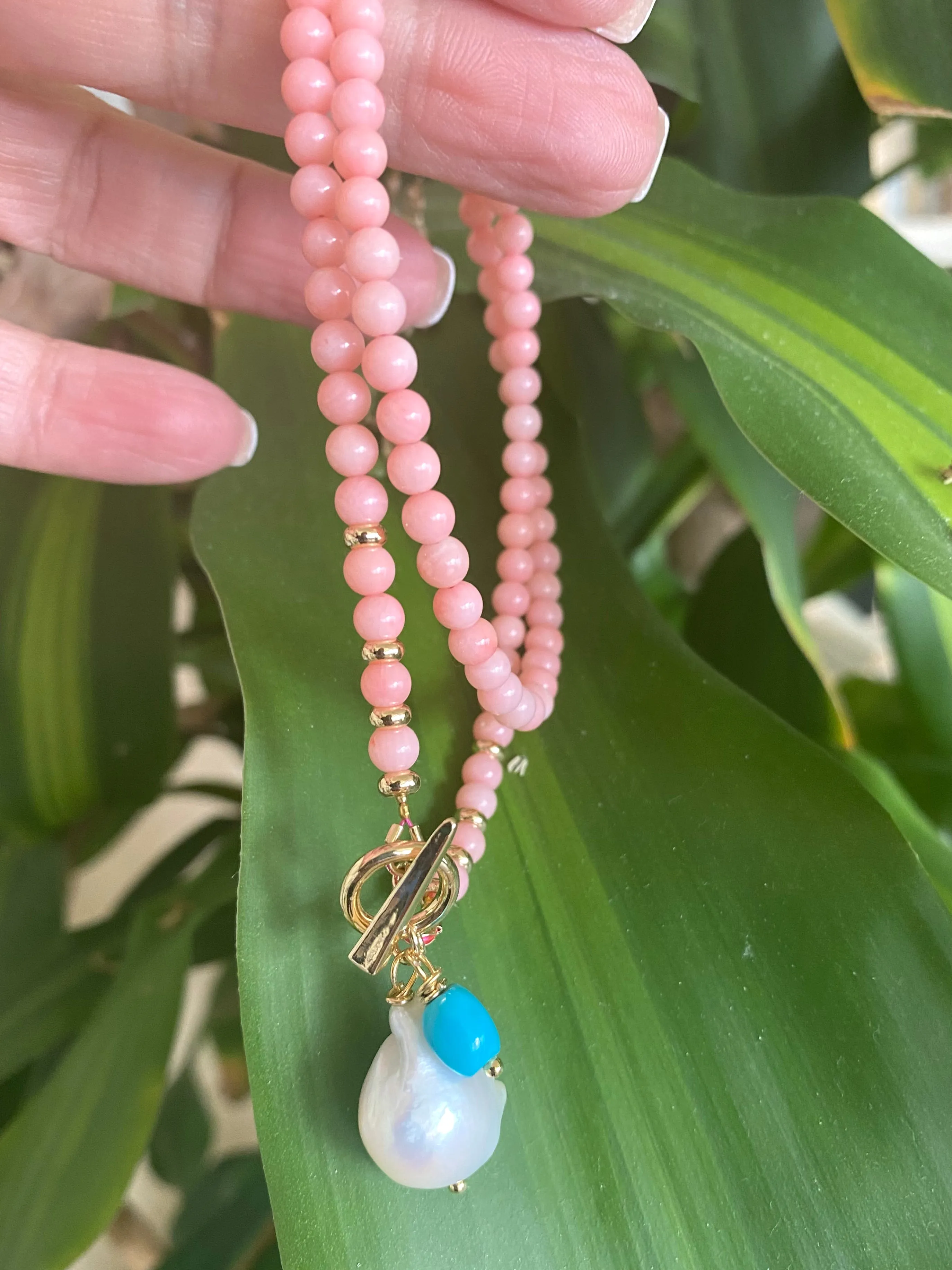 Angel Skin Pink Coral Toggle Necklace with Freshwater Baroque Pearl Pendant & Turquoise Charm, Gold Plated, 17in