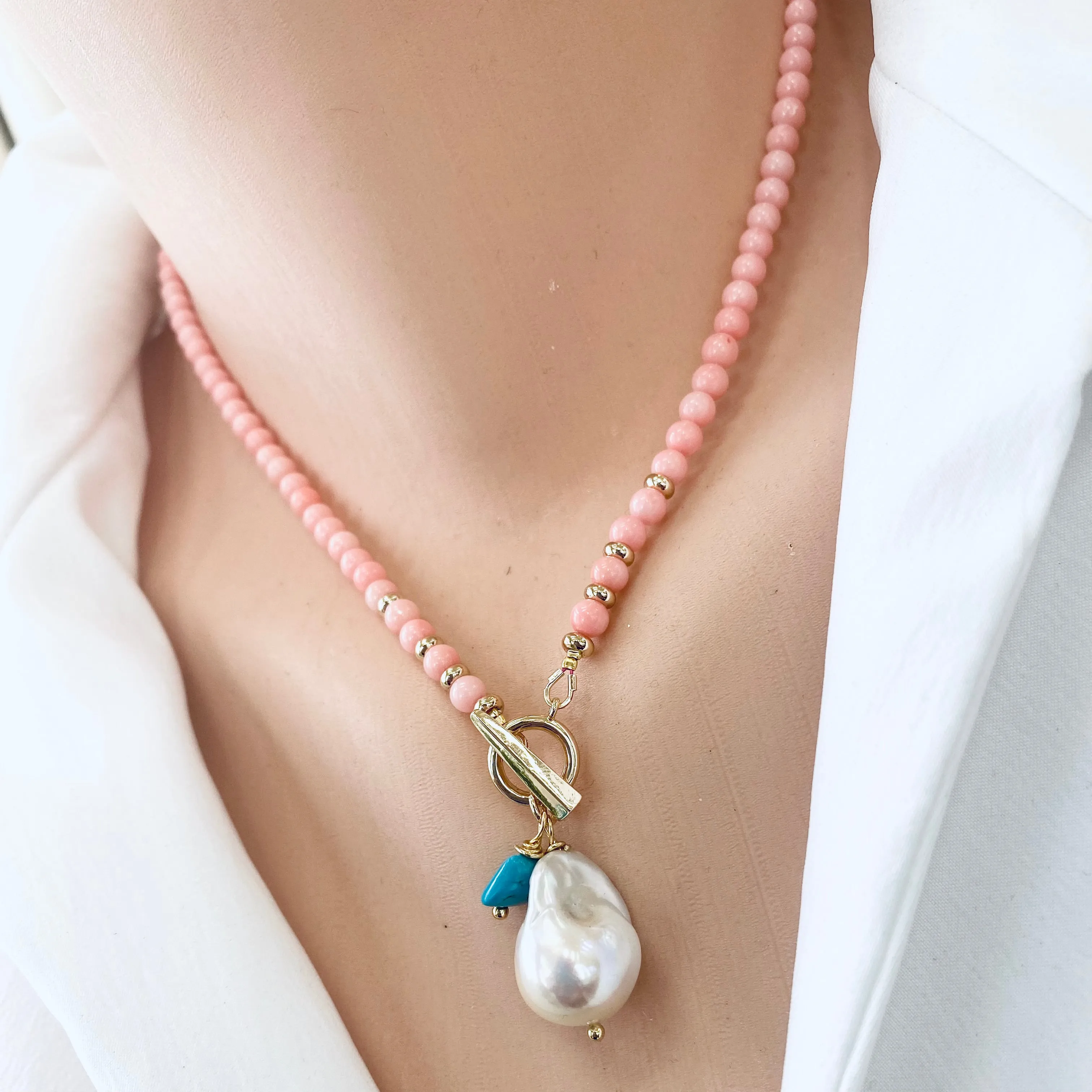 Angel Skin Pink Coral Toggle Necklace with Freshwater Baroque Pearl Pendant & Turquoise Charm, Gold Plated, 17in