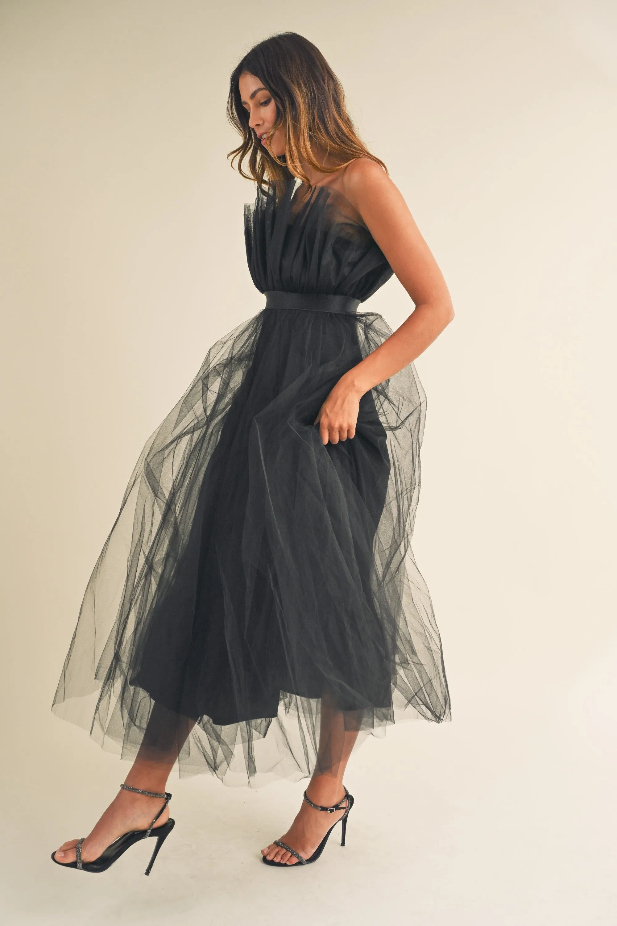 Belted Voluminous Tulle Midi Dress