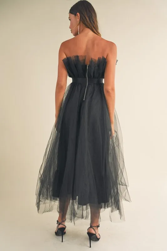 Belted Voluminous Tulle Midi Dress