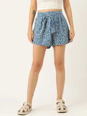 Berrylush Women Blue & White Floral Printed Tie-Up High-Rise Waist Slip-On Mini Shorts