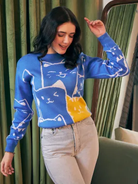 Berrylush Women Blue, White, & Yellow Cat Printed Round Neck Drop-Shoulder Sleeves Ribbed Hem Regular Sweater