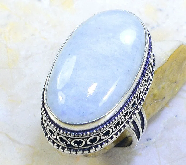 Big Vintage Oval Natural Rainbow Moonstone Ring Size 8