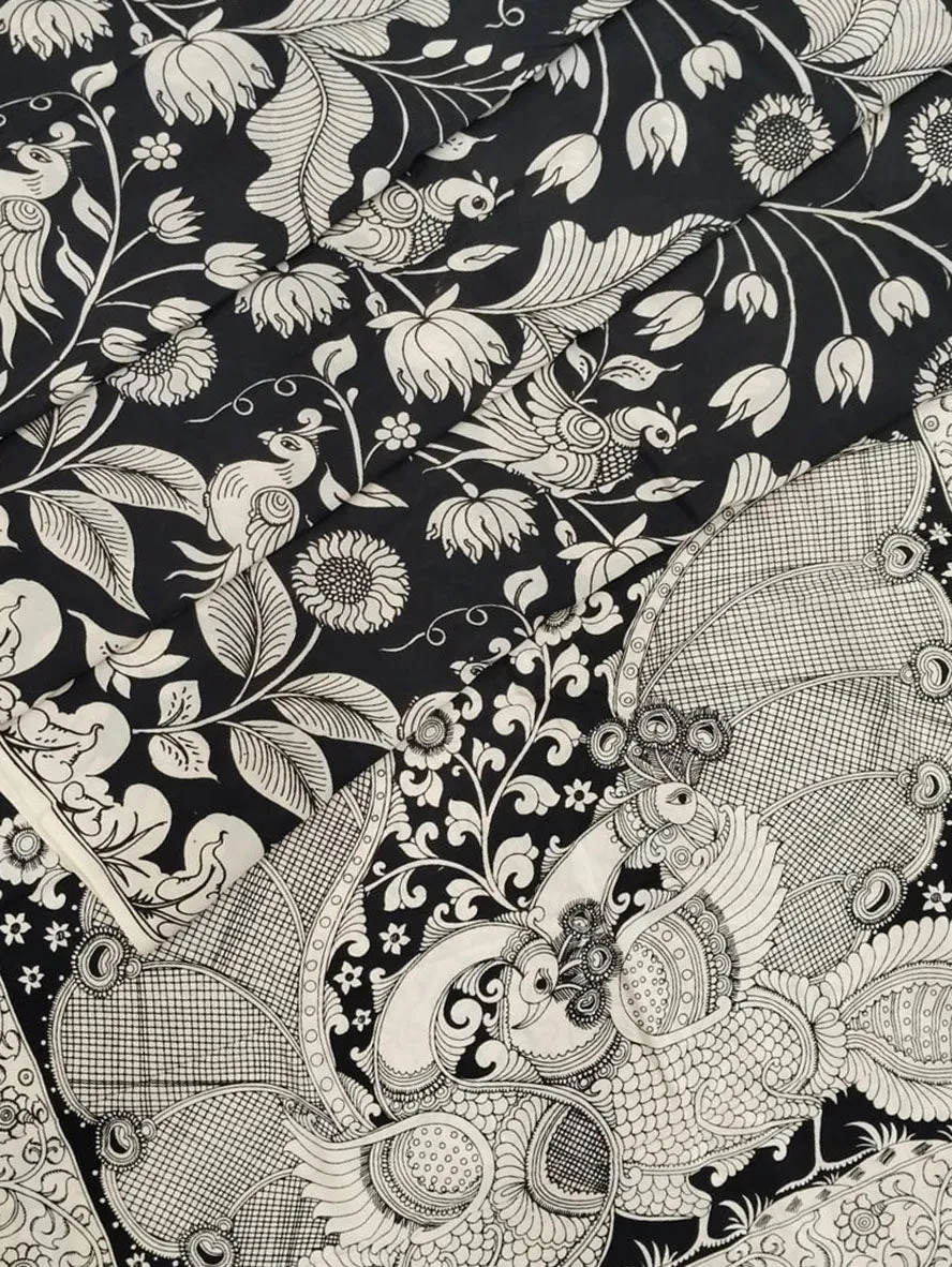 Black And White Hand Painted Kalamkari Chennur Silk Saree