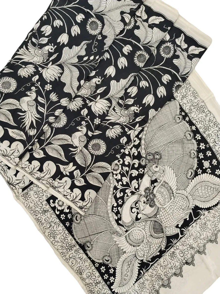 Black And White Hand Painted Kalamkari Chennur Silk Saree