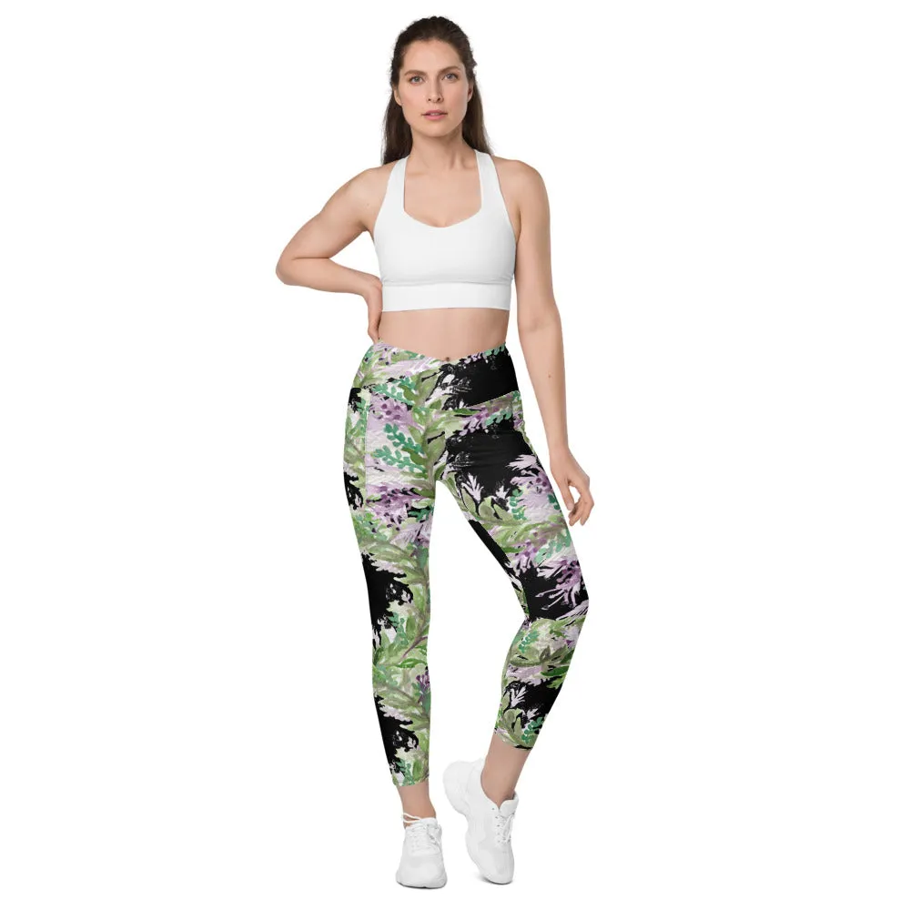 Black Lavender Floral Tights, Best Flower Print Women's Crossover Leggings With Pockets For Ladies - Made in USA/EU/MX