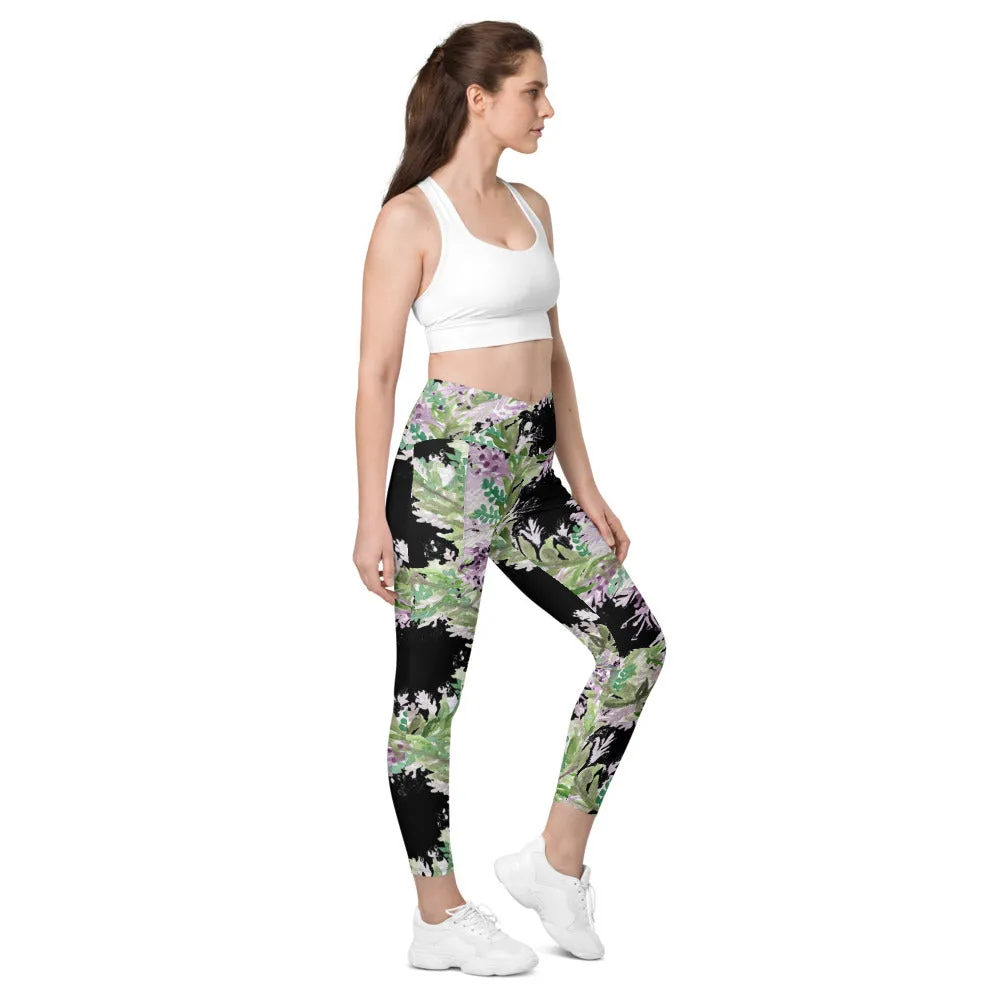 Black Lavender Floral Tights, Best Flower Print Women's Crossover Leggings With Pockets For Ladies - Made in USA/EU/MX