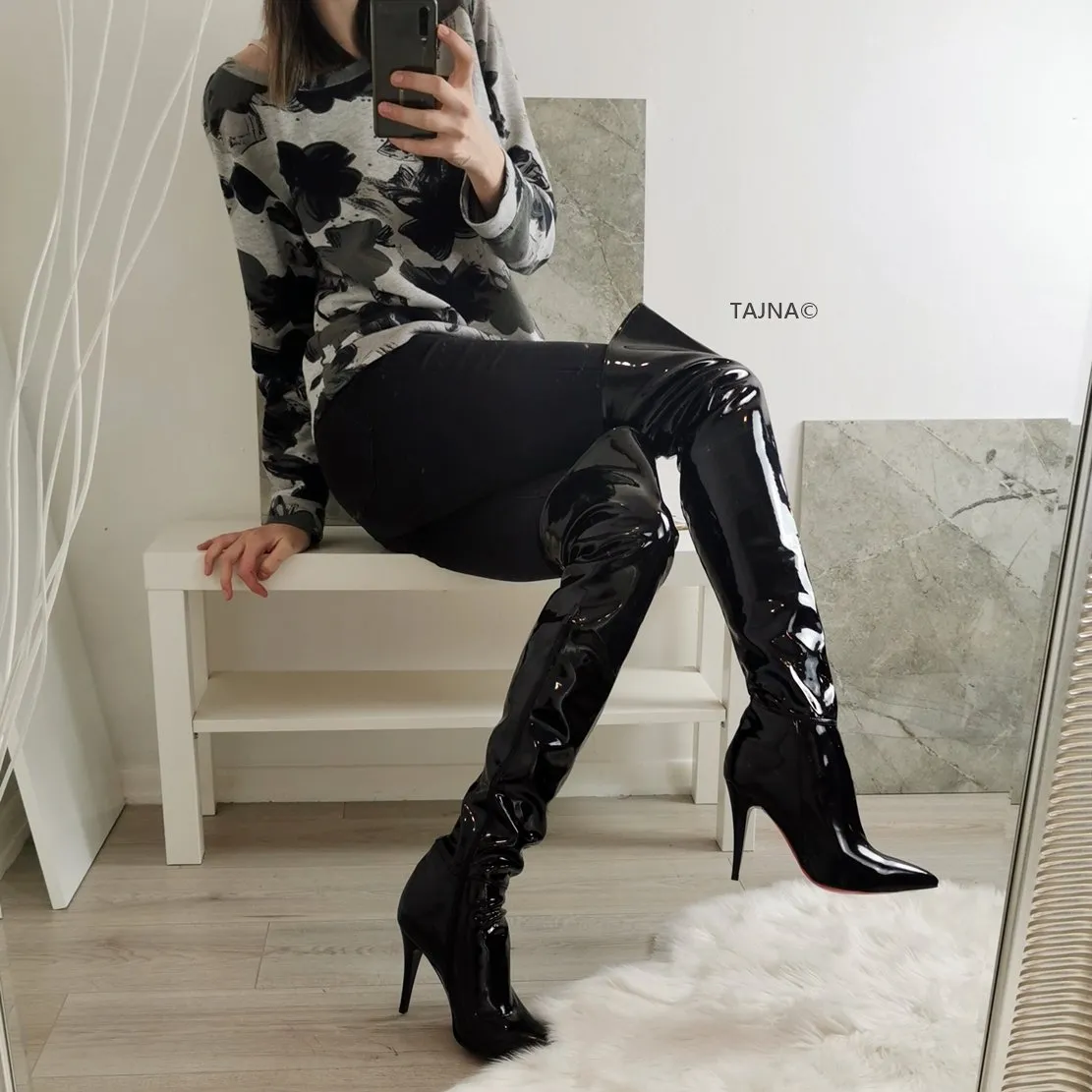 Black Patent Knee High Long Boots