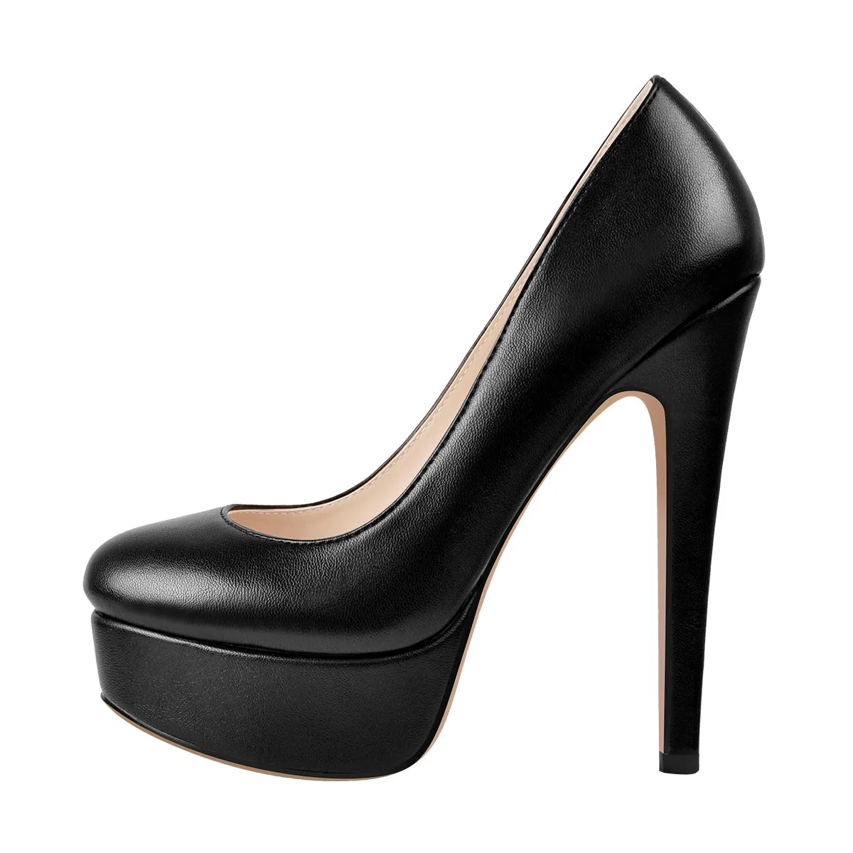 Black Round Toe Stiletto High Heel 3.5CM Platform Slip On Pumps