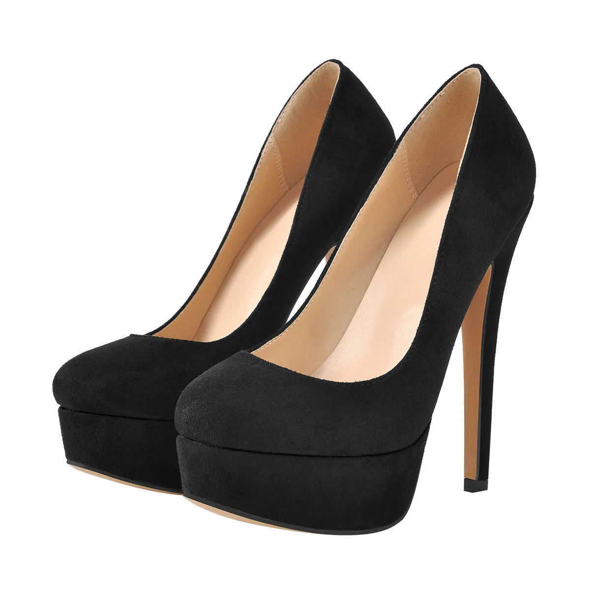 Black Round Toe Stiletto High Heel 3.5CM Platform Slip On Pumps