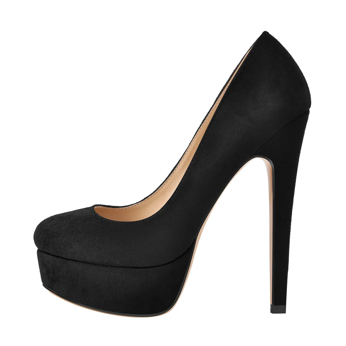 Black Round Toe Stiletto High Heel 3.5CM Platform Slip On Pumps