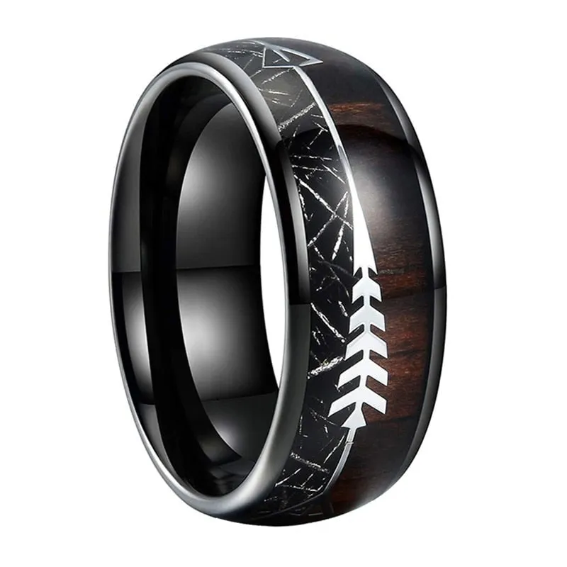 Black Tungsten Arrow Ring with Koa Wood & Black Meteorite inlay (8mm)