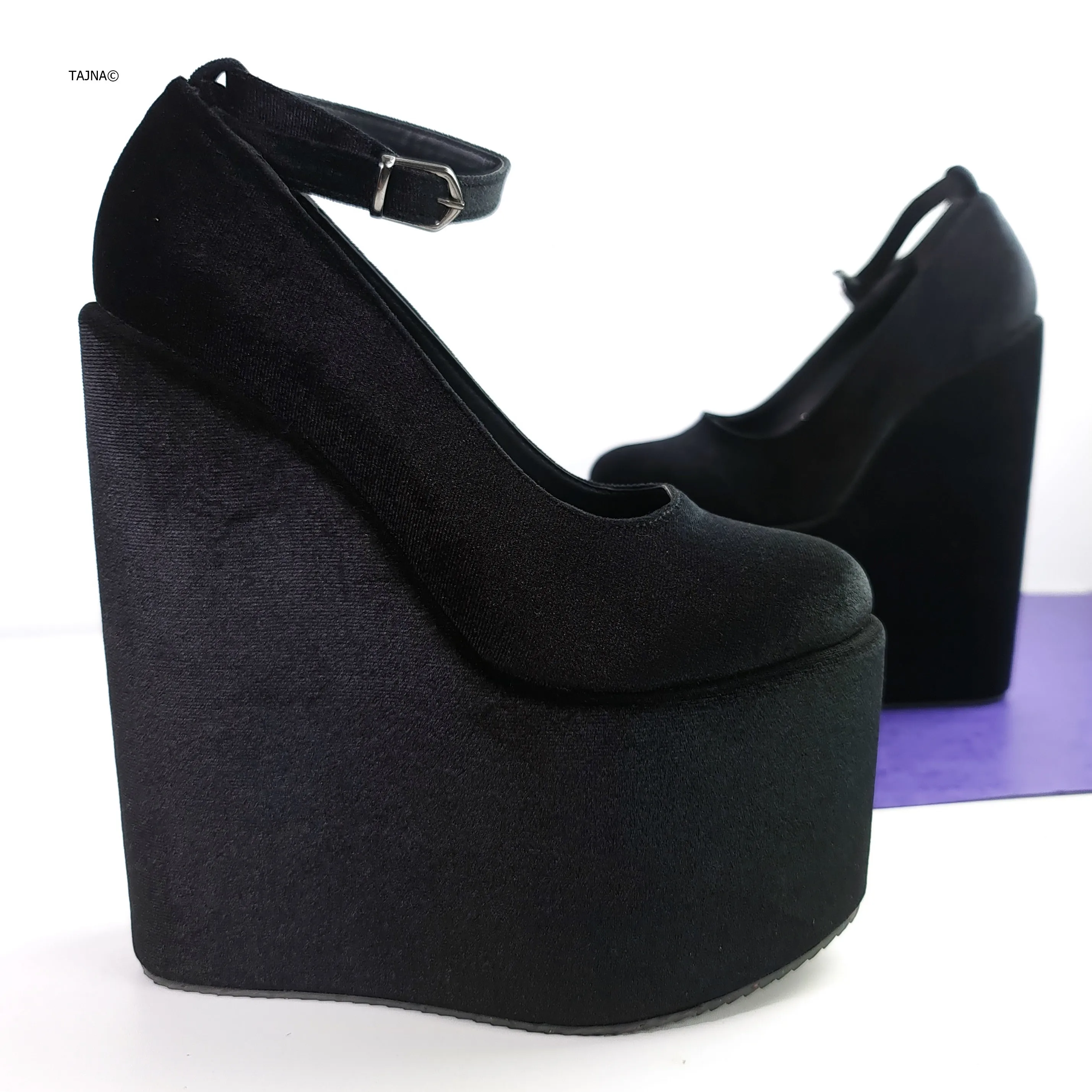 Black Velvet Ankle Strap Heel Wedges