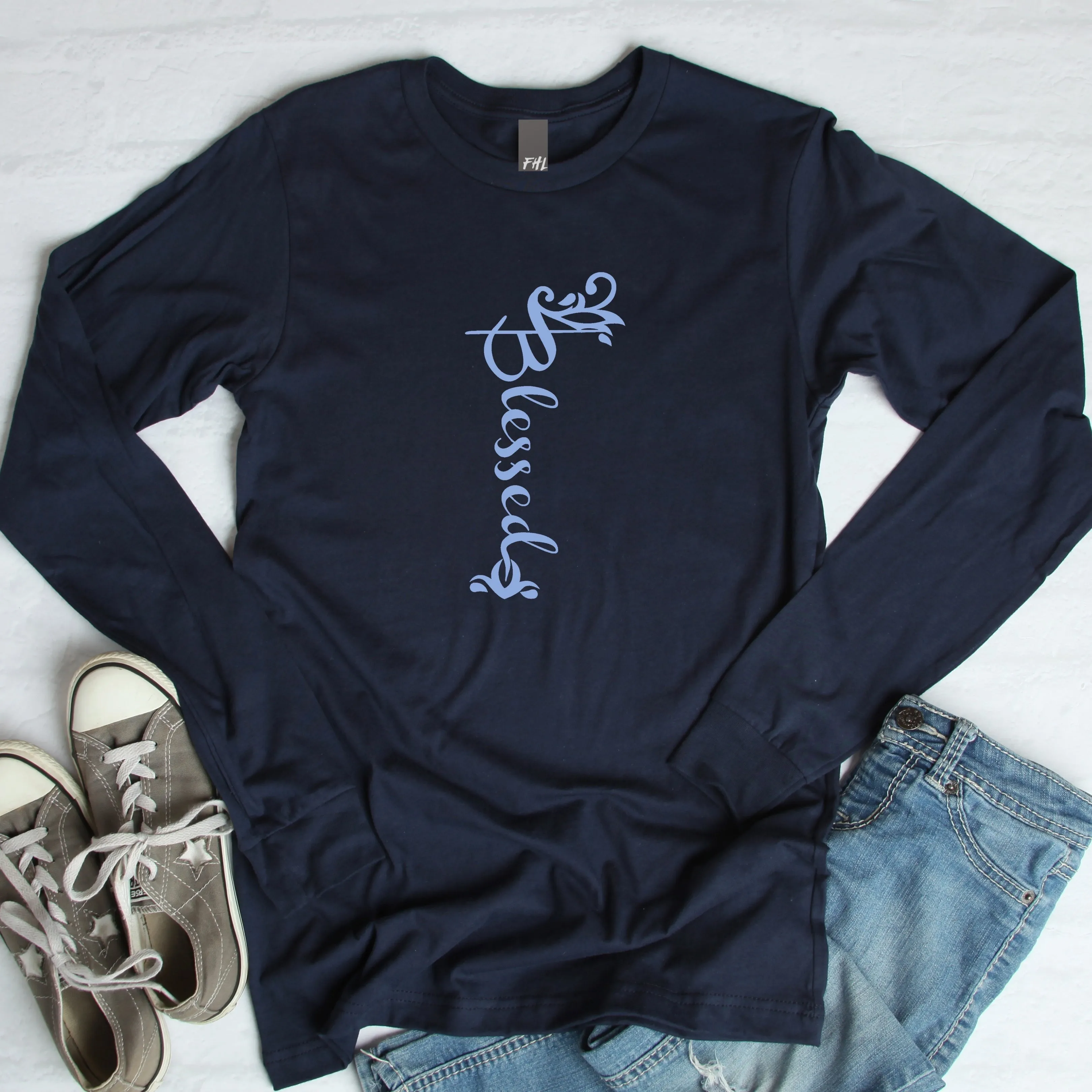 Blessed Ornamental Blue Font Long Sleeve Tee (Several Colors Available)