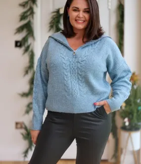 Blue Half Zip Cable Knit Jumper