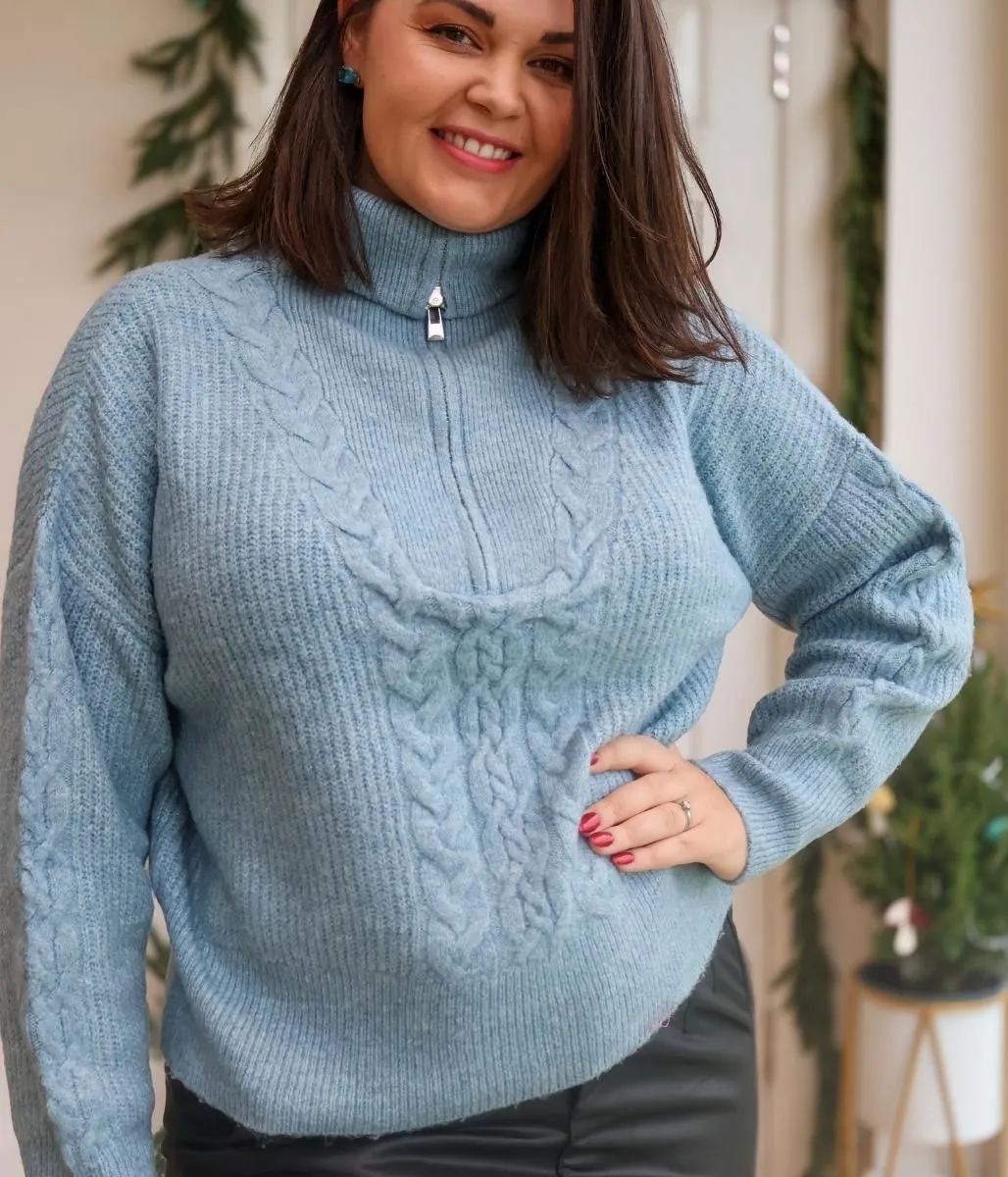 Blue Half Zip Cable Knit Jumper