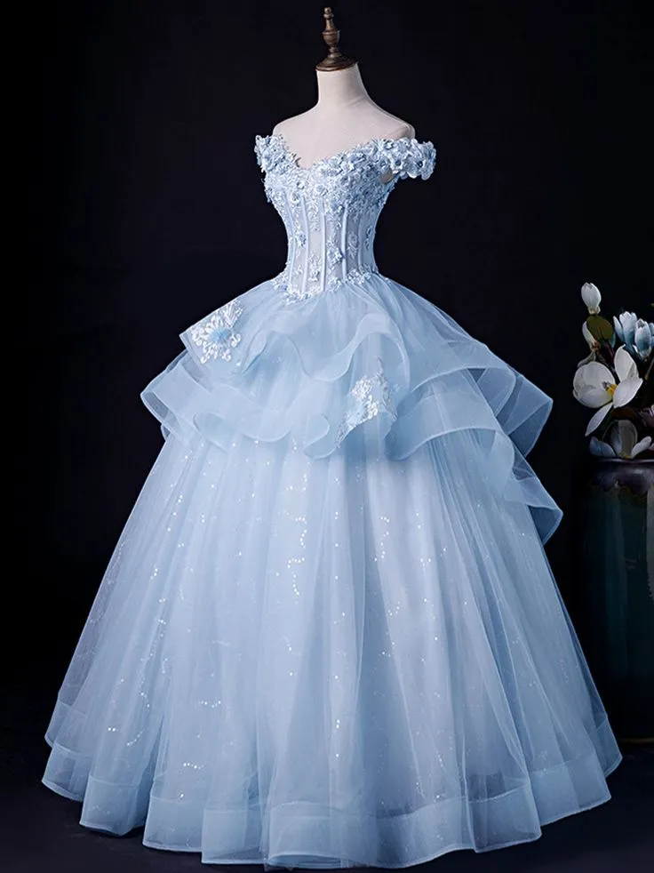 Blue Lace Tulle Appliques Long Prom Dress Formal Evening Dress SH1324