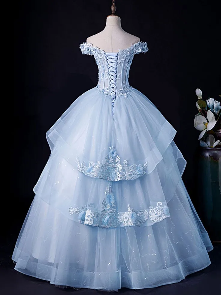 Blue Lace Tulle Appliques Long Prom Dress Formal Evening Dress SH1324