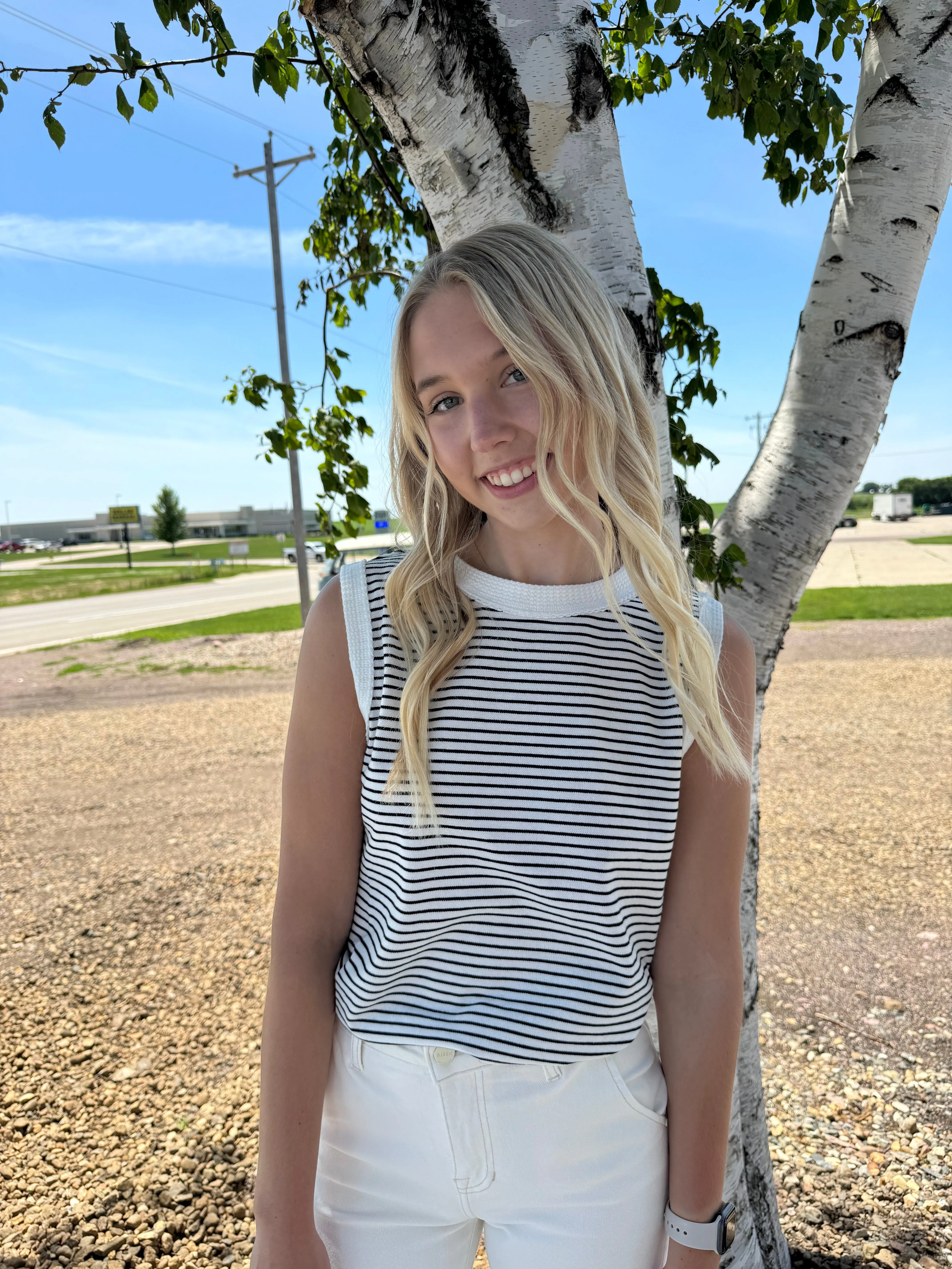 BRALYN IVORY AND BLACK STRIPED MUSCLE TANK TOP