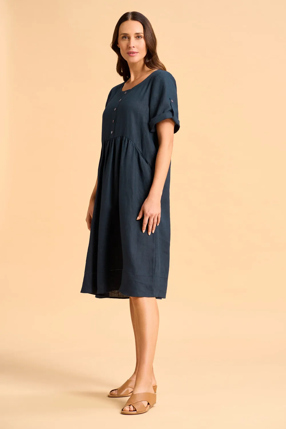 Button Detail Linen Dress - Ink