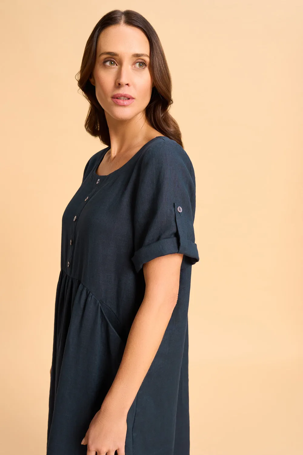 Button Detail Linen Dress - Ink