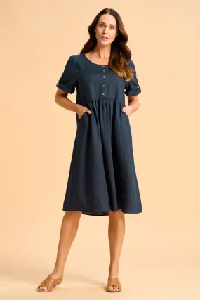 Button Detail Linen Dress - Ink