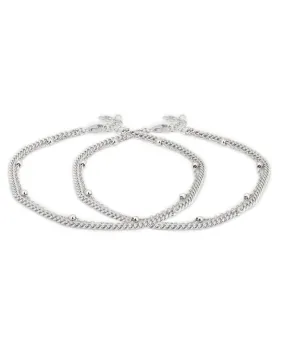 Carlton London -Set Of 2 Rhodium-Plated Silver Toned Silver Beaded Layered Anklets For Women