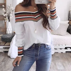 Casual Colorful Rainbow Stripes Off The Shoulder Long Sleeve Shirts