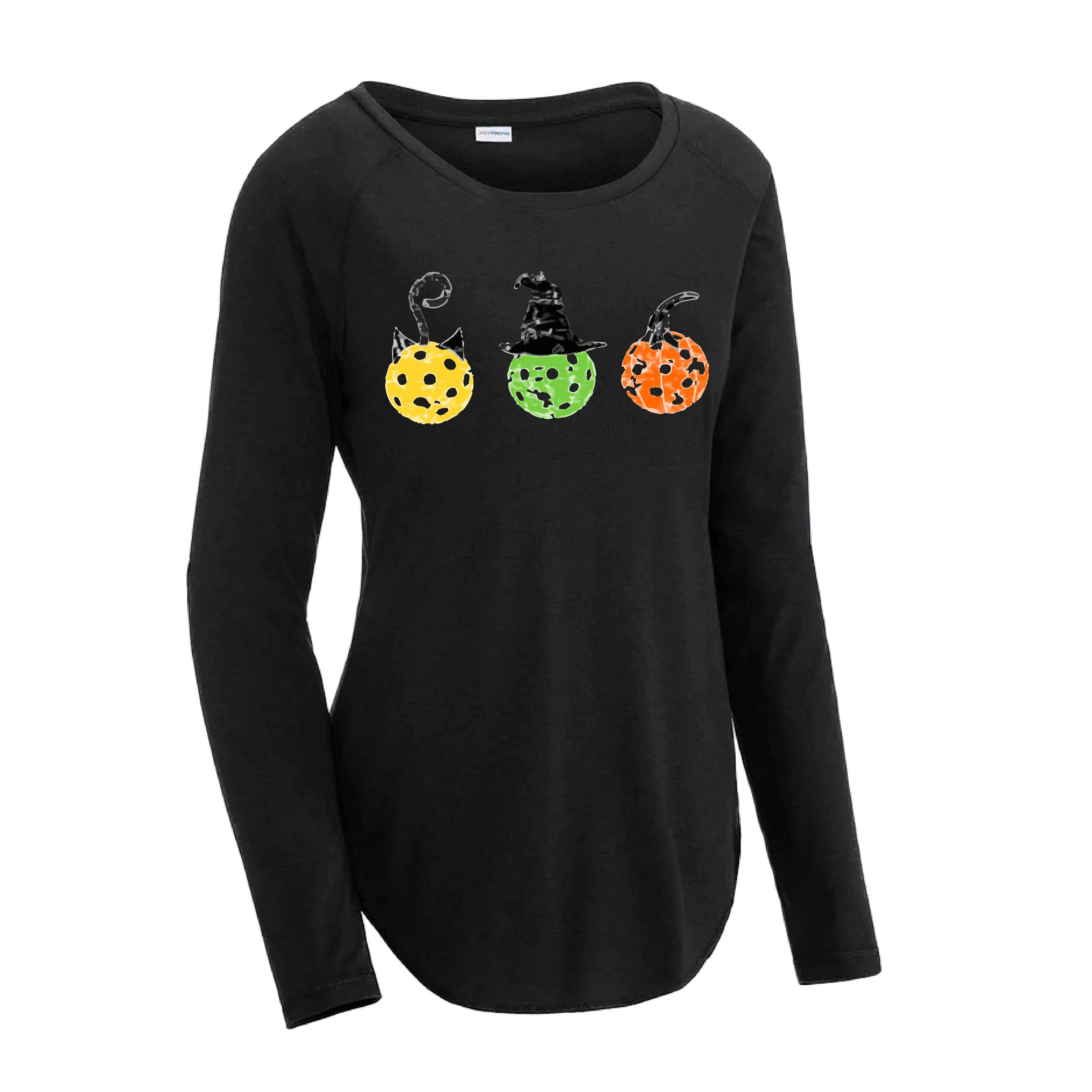 Cat Witch Pumpkin  | Women's Long Sleeve Scoop Neck Pickleball Shirts | 75/13/12 poly/cotton/rayon