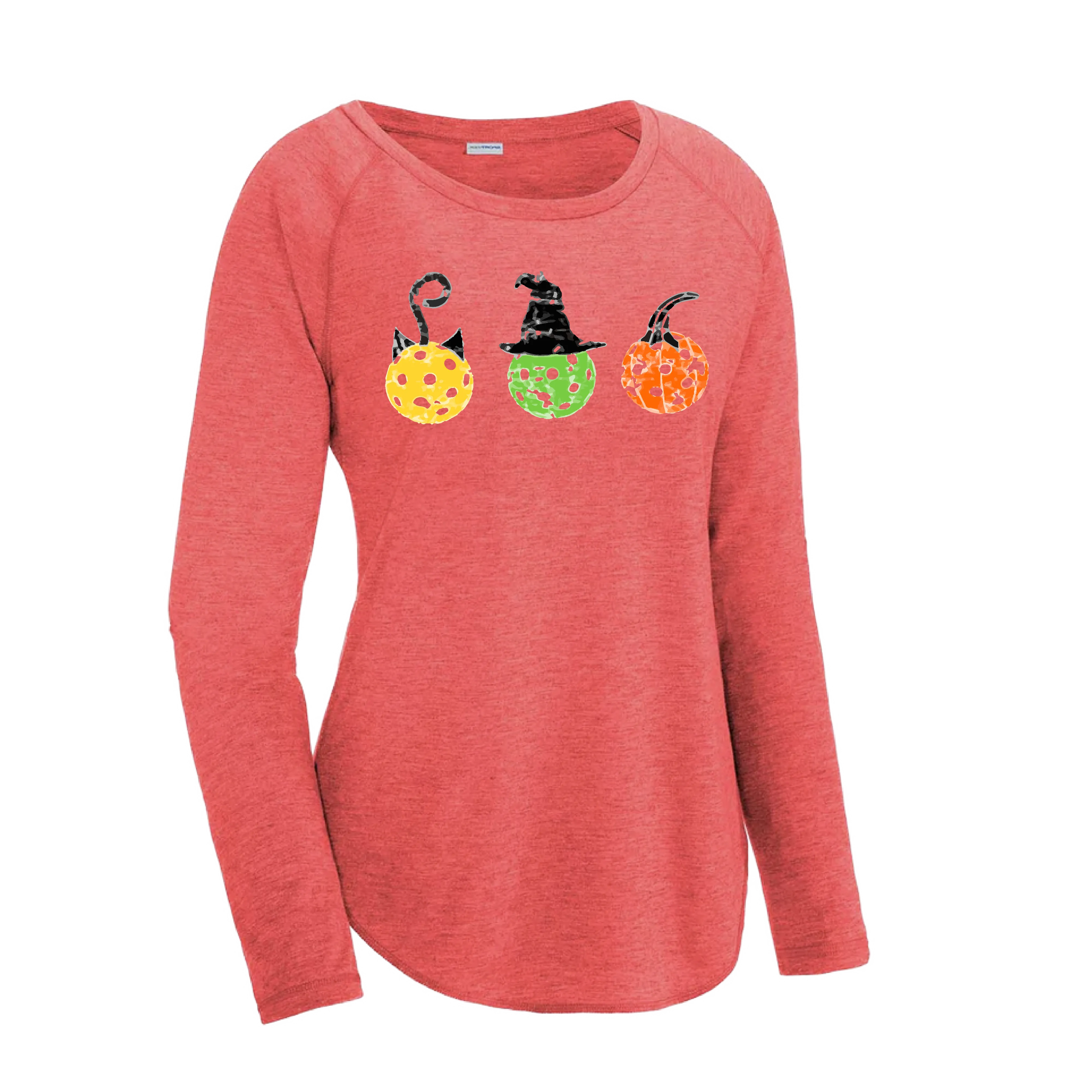 Cat Witch Pumpkin  | Women's Long Sleeve Scoop Neck Pickleball Shirts | 75/13/12 poly/cotton/rayon