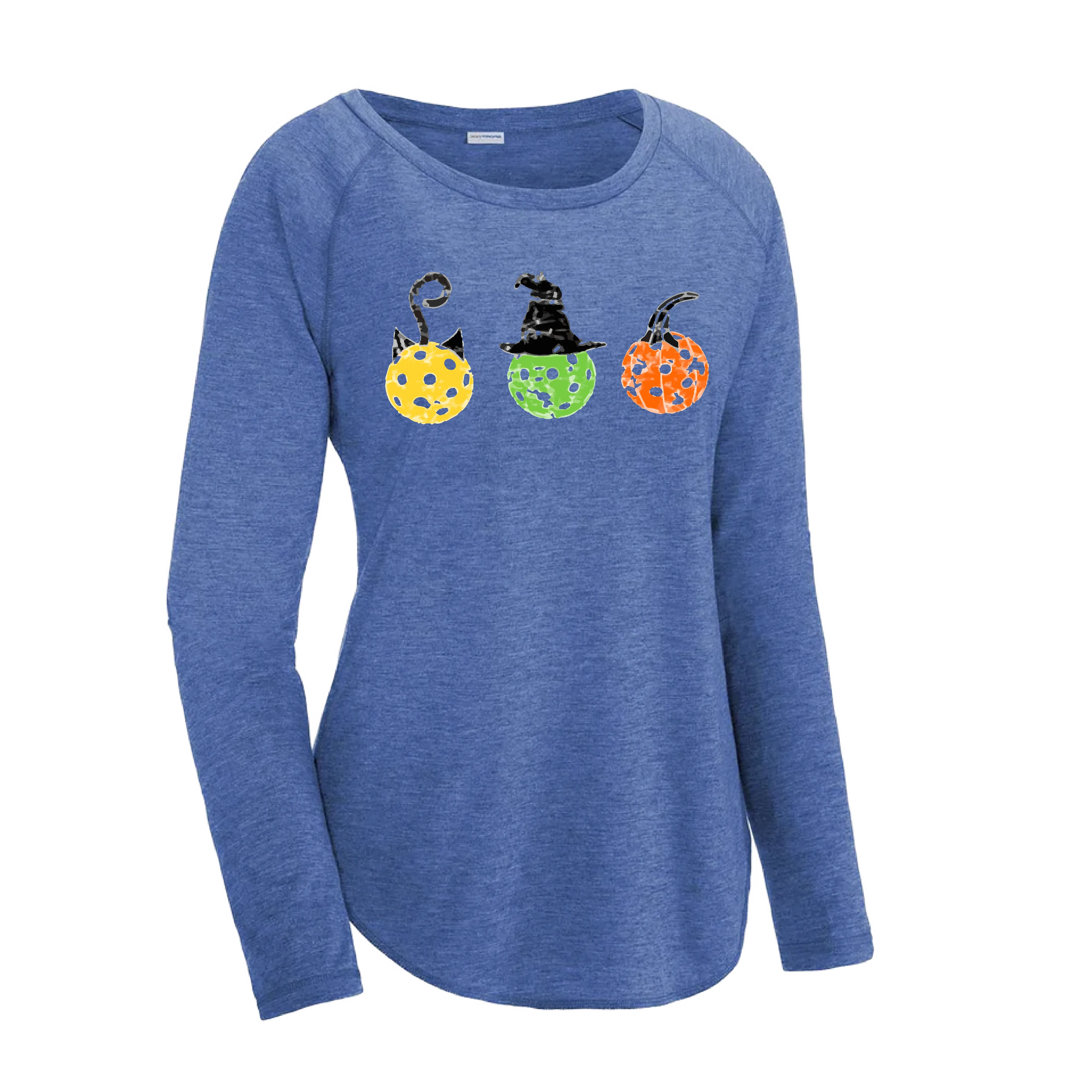 Cat Witch Pumpkin  | Women's Long Sleeve Scoop Neck Pickleball Shirts | 75/13/12 poly/cotton/rayon