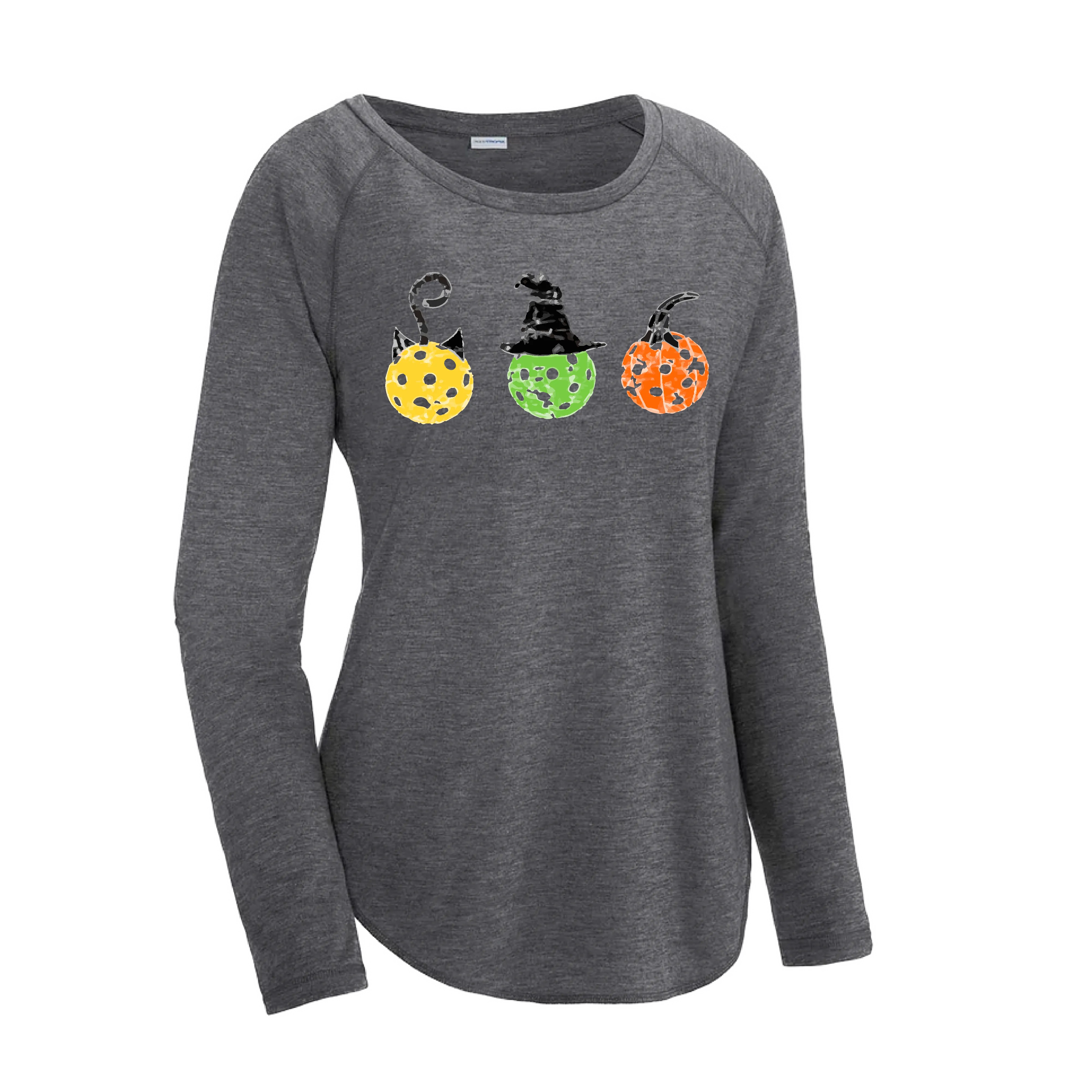 Cat Witch Pumpkin  | Women's Long Sleeve Scoop Neck Pickleball Shirts | 75/13/12 poly/cotton/rayon