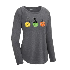 Cat Witch Pumpkin  | Women's Long Sleeve Scoop Neck Pickleball Shirts | 75/13/12 poly/cotton/rayon