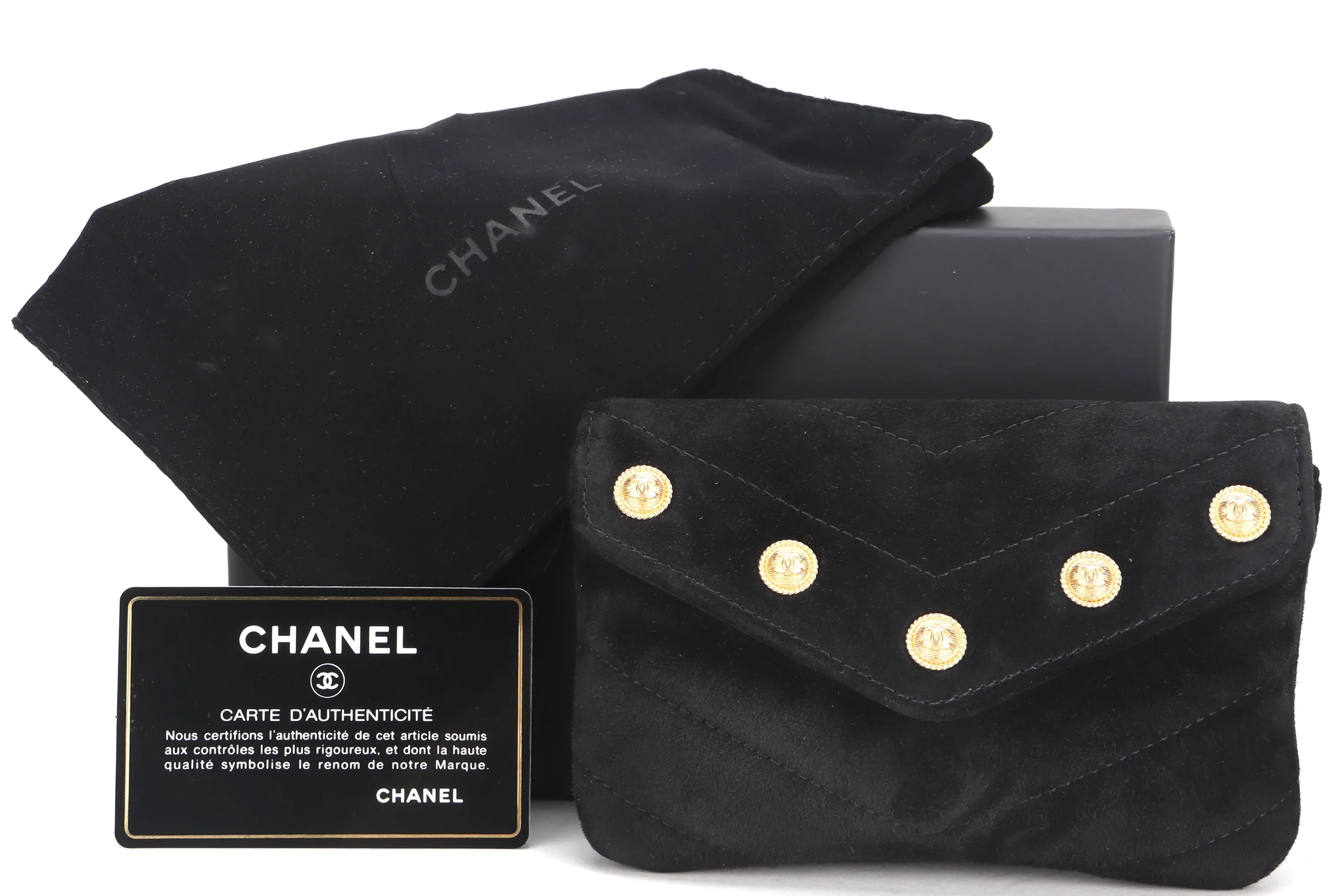 CHANEL PARIS-HAMBURG CC BUTTON FLAP WALLET (2609xxxx) BLACK SUADE GOLD HARDWARE, WITH CARD, DUST COVER & BOX