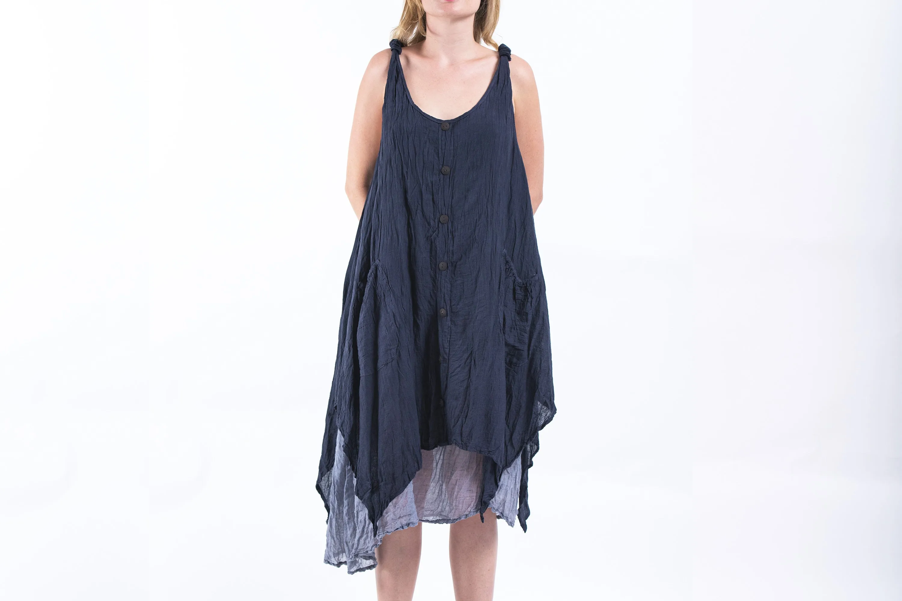 Crinkled Hill Tribe Cotton Tank Dress in Dark Navy