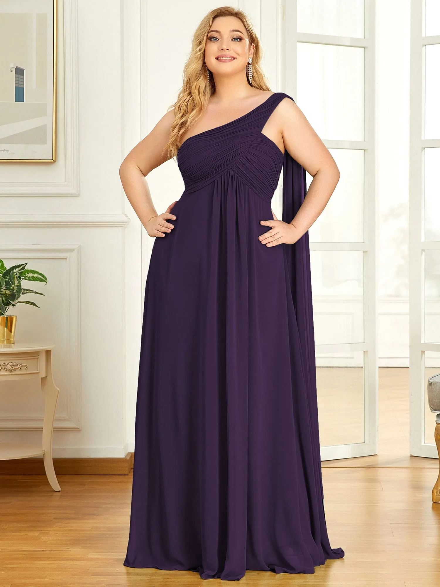 Custom Size Pleated One Shoulder Long Chiffon Formal Evening Dress