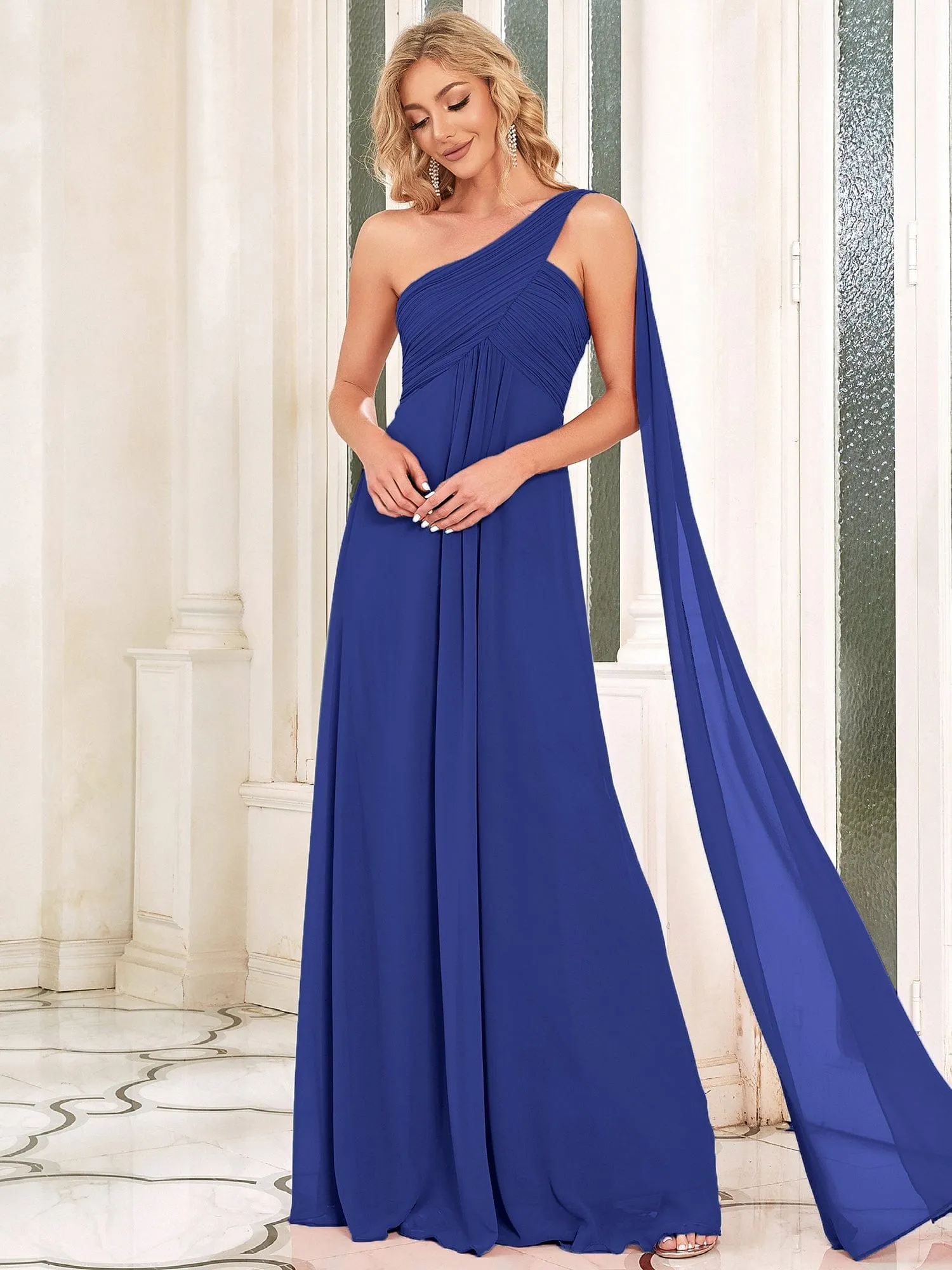 Custom Size Pleated One Shoulder Long Chiffon Formal Evening Dress