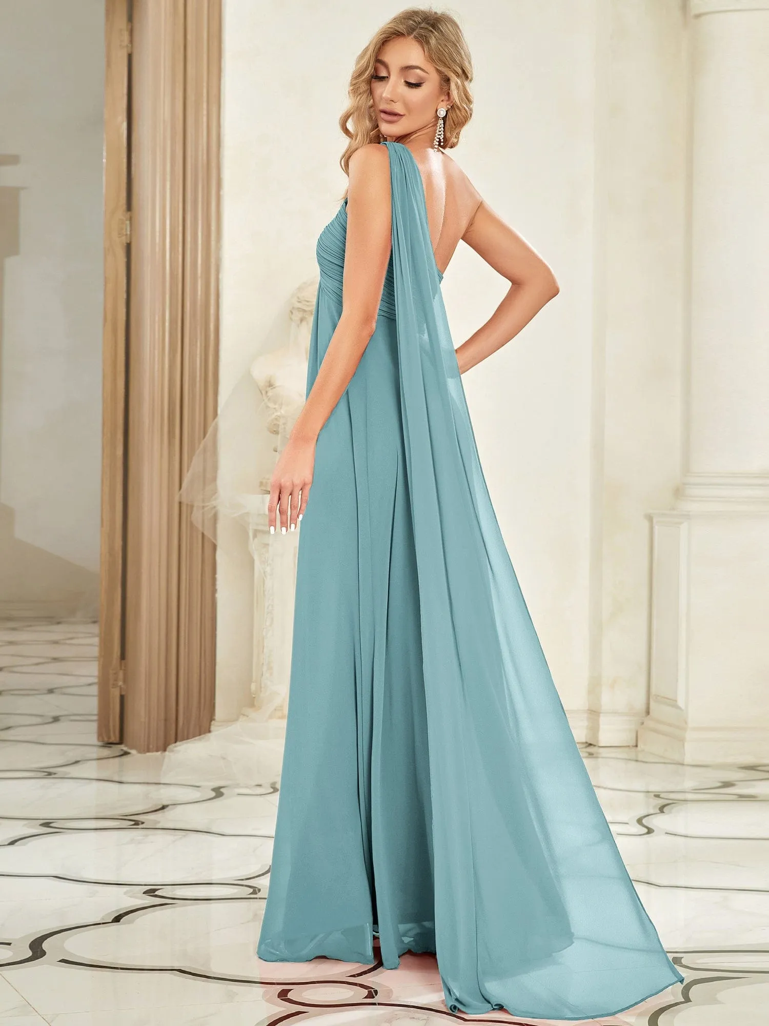 Custom Size Pleated One Shoulder Long Chiffon Formal Evening Dress