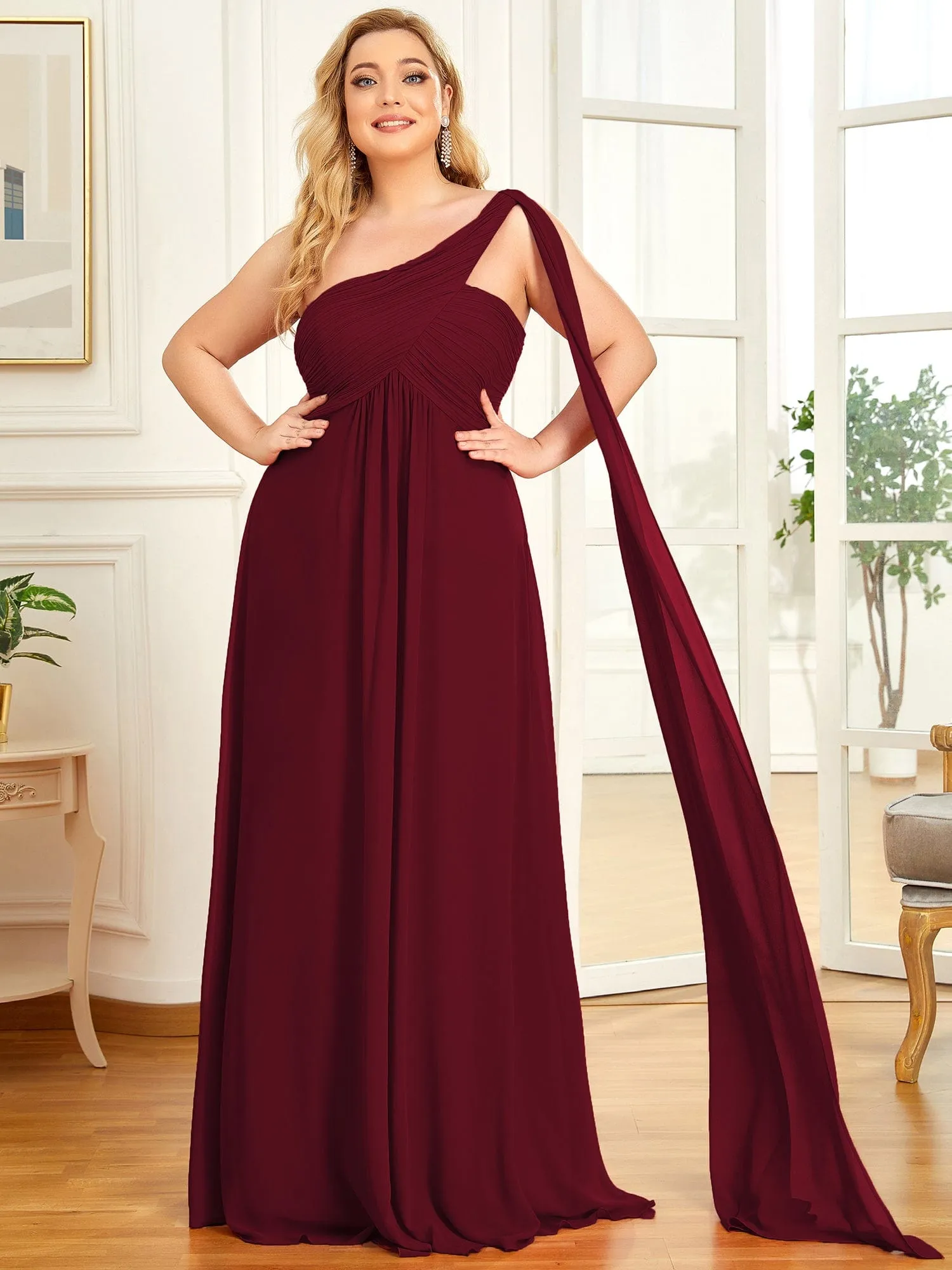 Custom Size Pleated One Shoulder Long Chiffon Formal Evening Dress