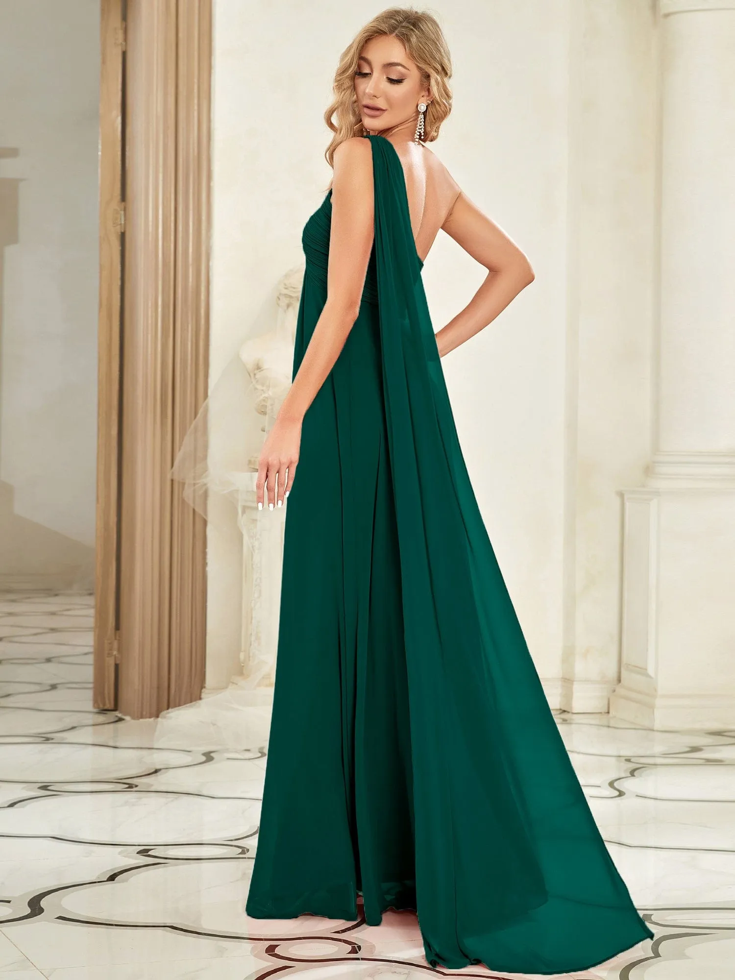 Custom Size Pleated One Shoulder Long Chiffon Formal Evening Dress