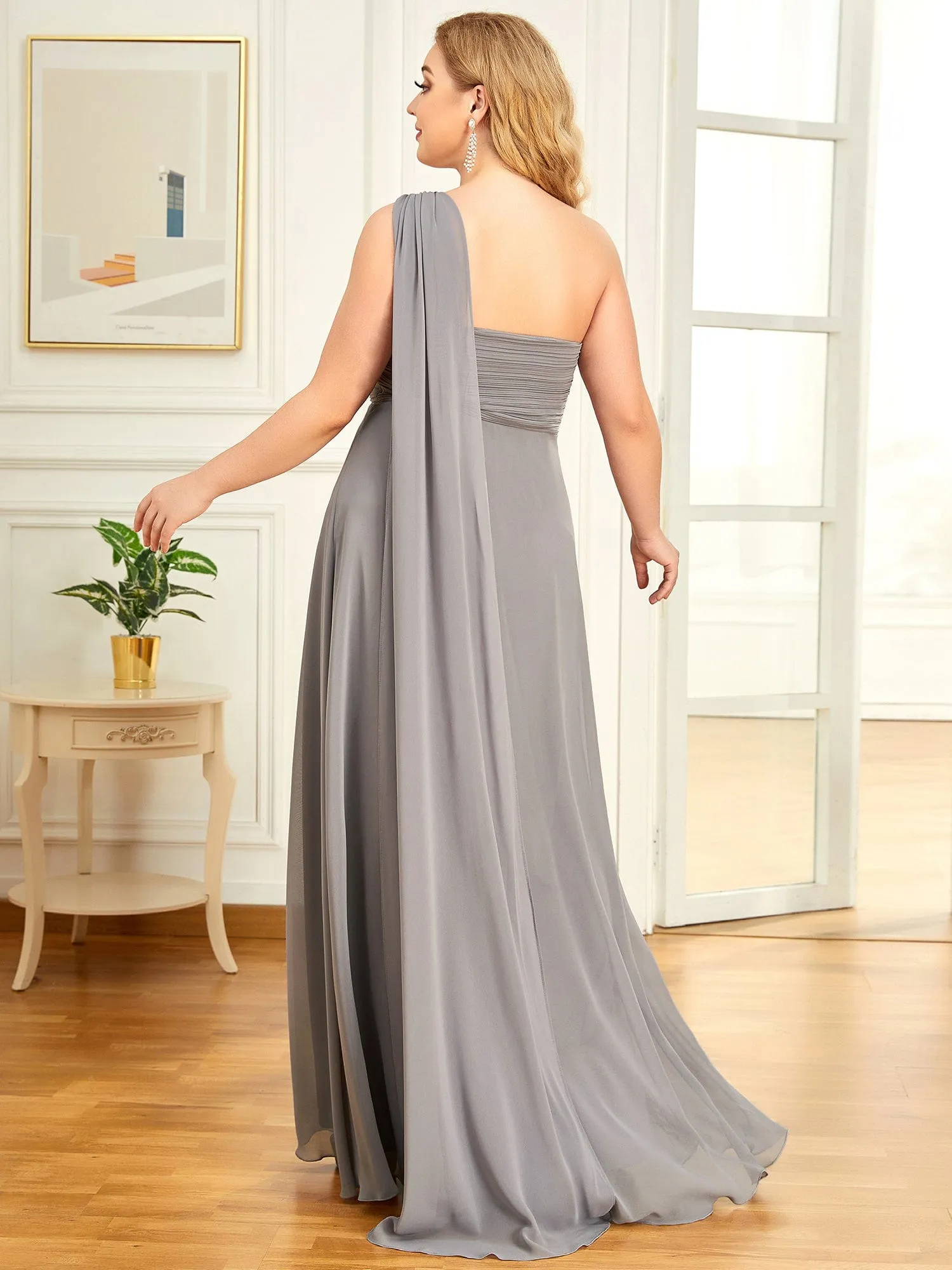 Custom Size Pleated One Shoulder Long Chiffon Formal Evening Dress