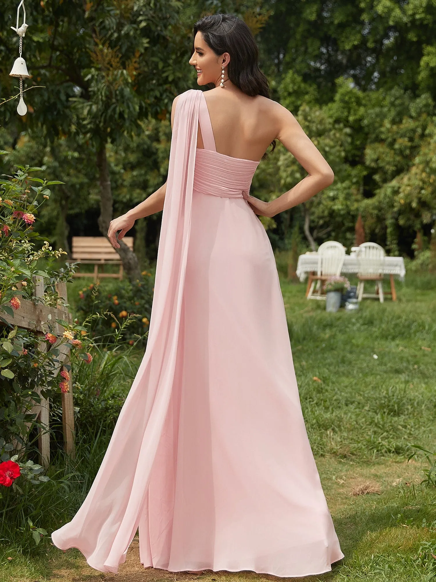 Custom Size Pleated One Shoulder Long Chiffon Formal Evening Dress