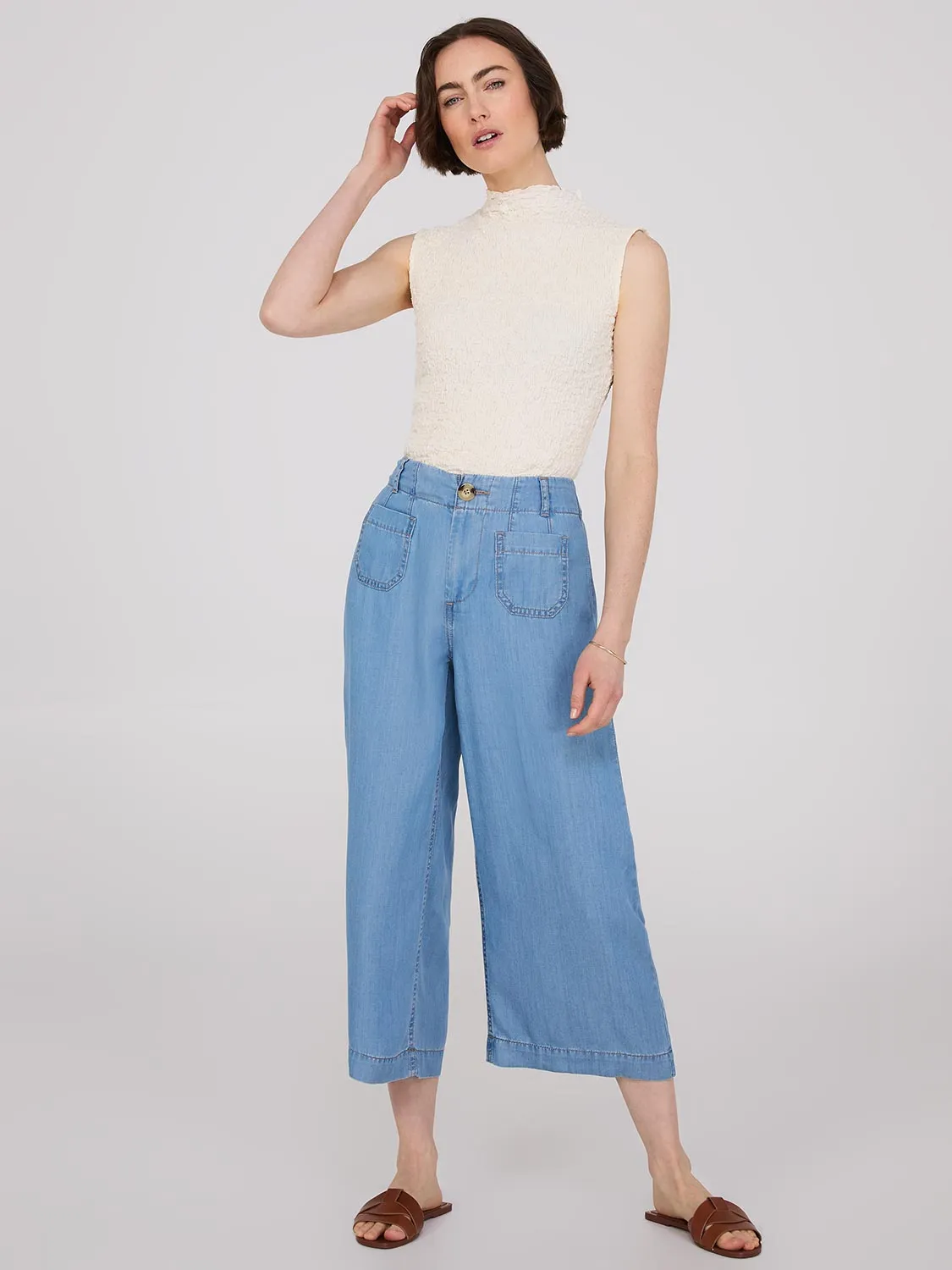 Denim Tencel Wide-Leg Gaucho Pants